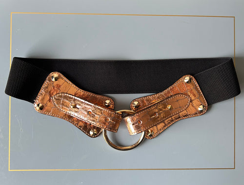 Claiborne Belt in Metallic Bronze and Black Faux Crocodile