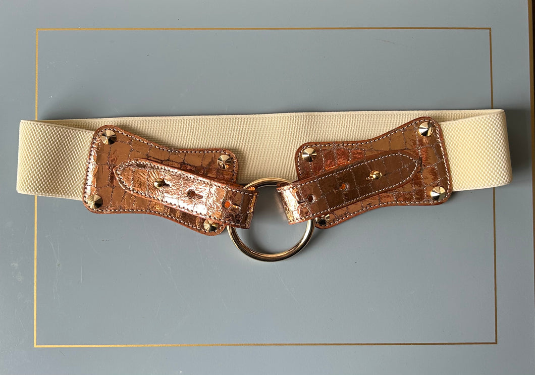 Claiborne Belt in Metallic Bronze Faux Crocodile with Ivory Strap