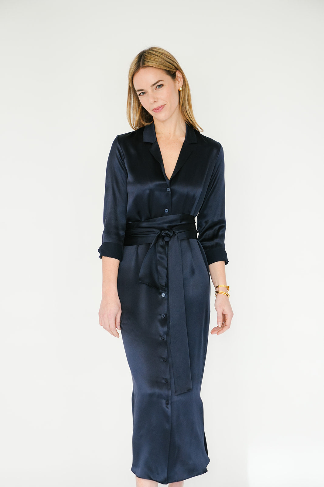 serena dress navy blue product info Serena Dress in Polished Navy CCH Collection